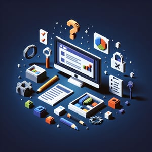 3D voxel art depicting the concept of constructing survey questions for class activities on a dark blue background.