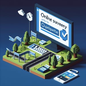 3D voxel art depicting the concept of online post race surveys on a dark blue background.