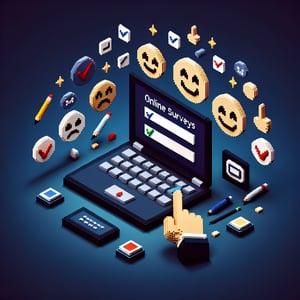 3D voxel art depicting online customer satisfaction survey process for professional services.
