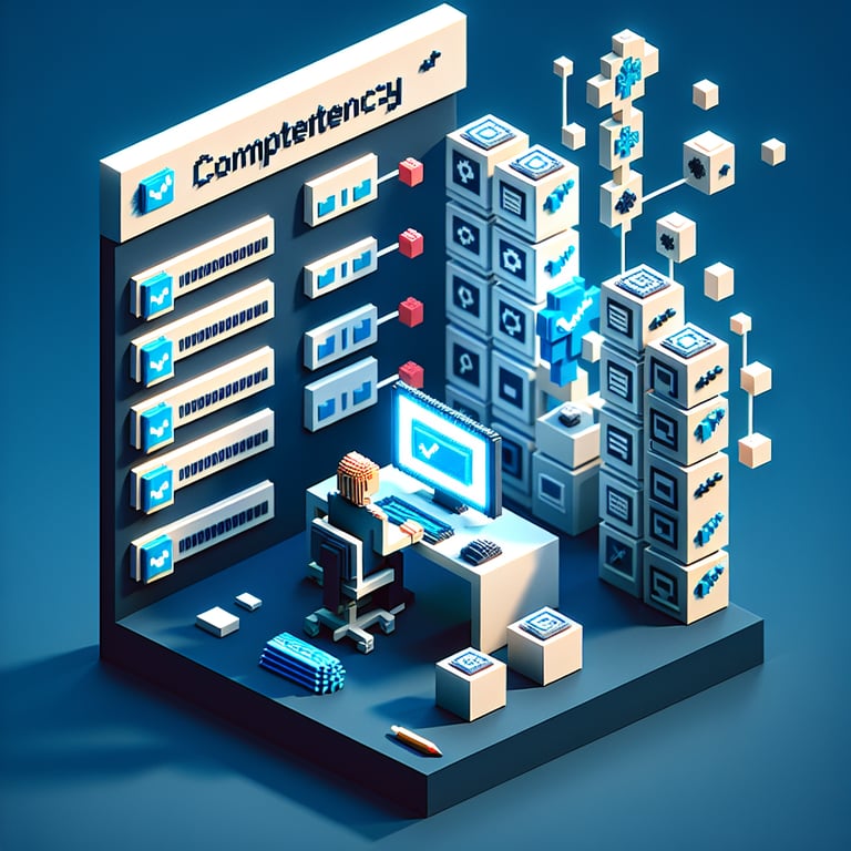 3D voxel art depicting online competency surveys against a dark blue background.