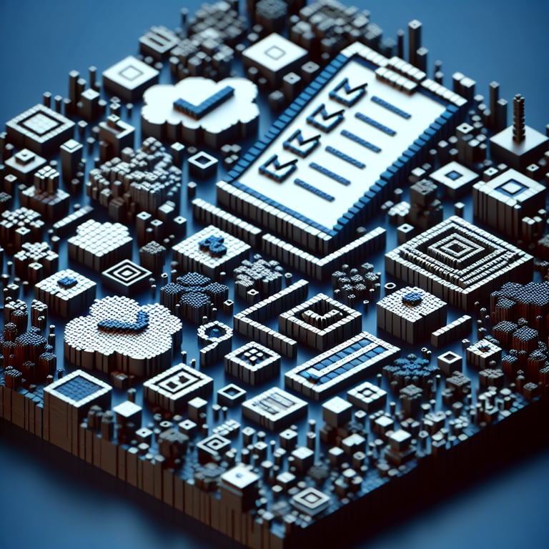 3D voxel art depicting online hazing survey concept on a dark blue background.