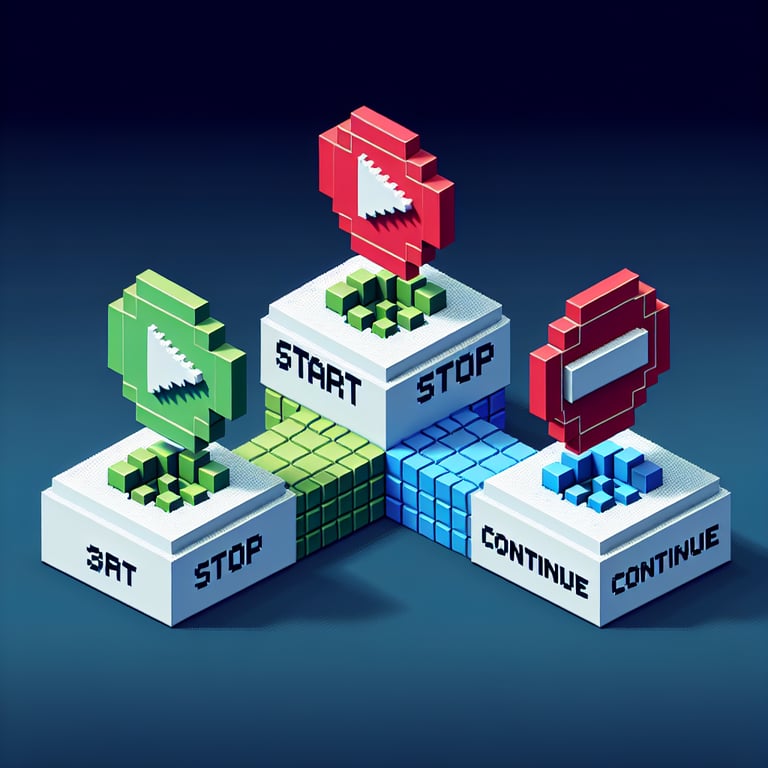 Artistic 3D voxel of feedback loops: start, stop, continue survey themes