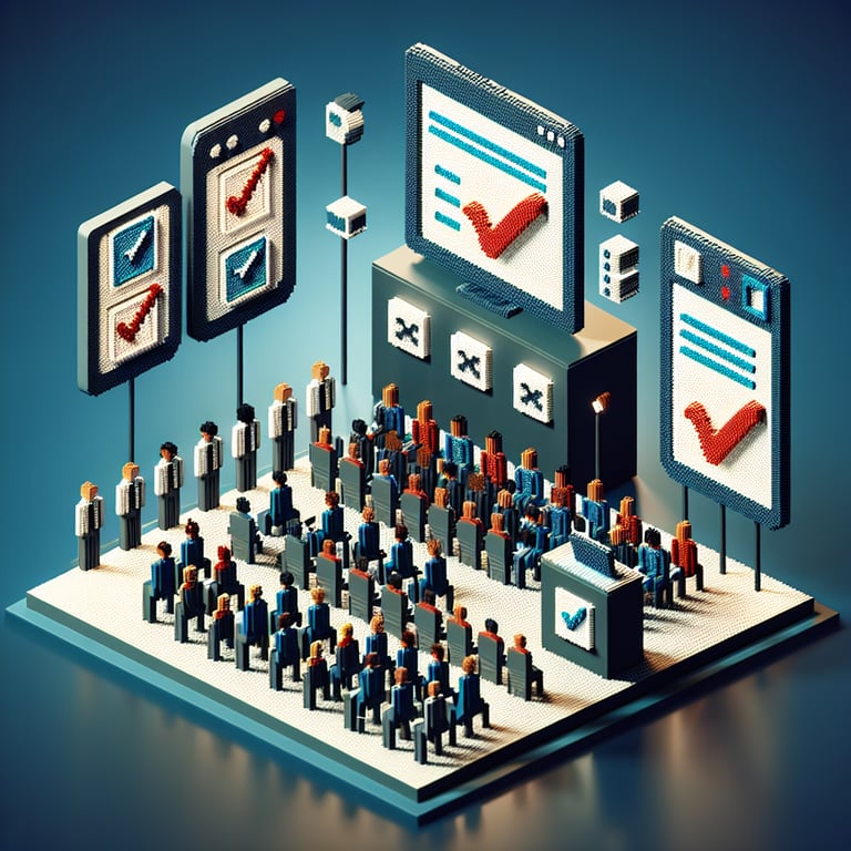 3D voxel art depicting online surveys, ideal for engaging conference speakers at events, set on a dark blue background.