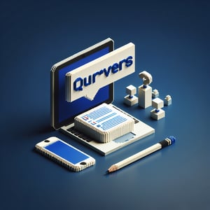 3D voxel art illustrating the concept of online advertising surveys on a dark blue background.