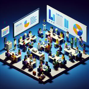 3D voxel art depicting online survey concept on a dark blue background for meeting effectiveness.