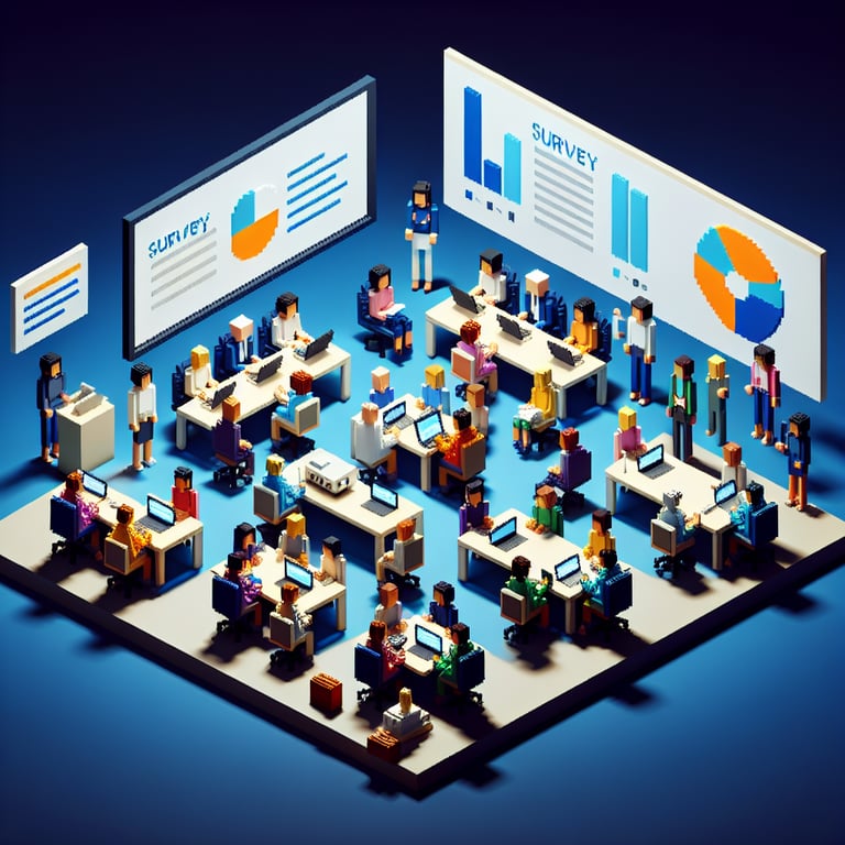 3D voxel art depicting online survey concept on a dark blue background for meeting effectiveness.