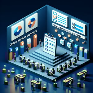 3D voxel art depicting the concept of online meeting template surveys on a dark blue background.