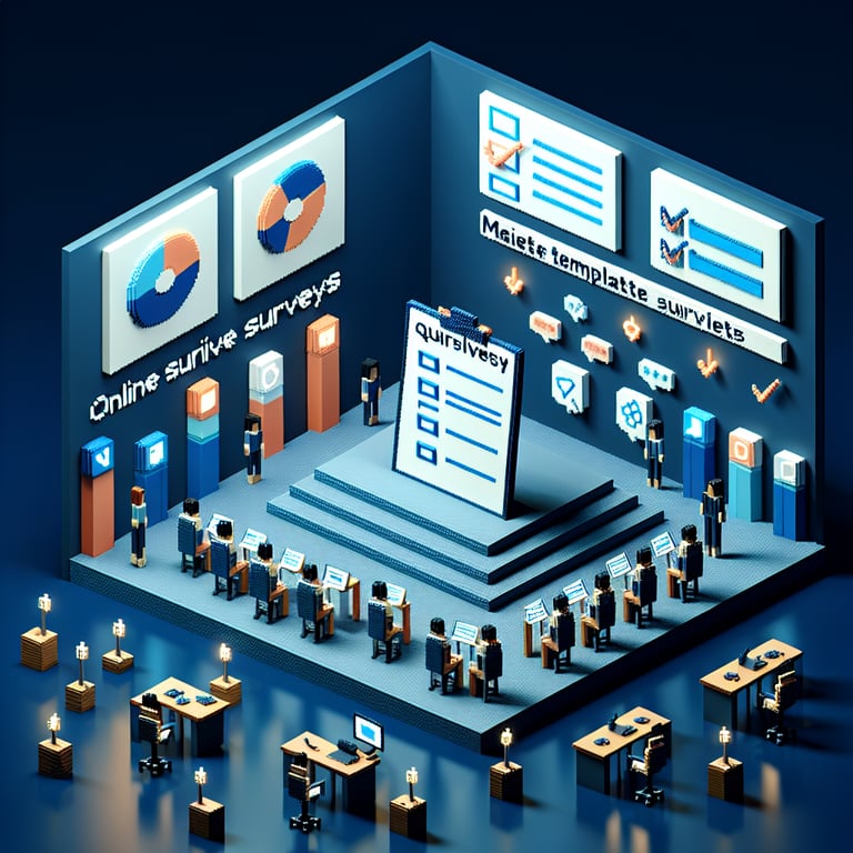 Artistic 3D voxel art illustrating a meeting template survey concept