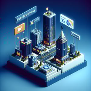 3D voxel art depicting the concept of online brand awareness surveys on a dark blue background.
