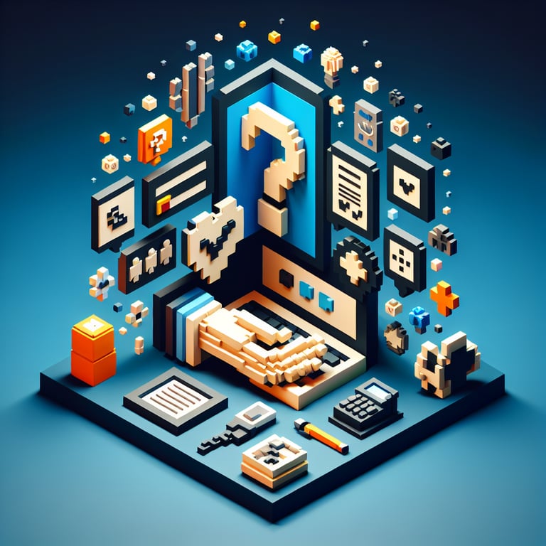 3D voxel art depicting online palliative care survey process on a dark blue background.