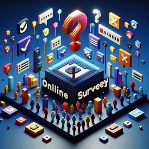 3D voxel art depicting online collaboration surveys, set against a dark blue background.