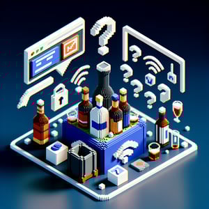 3D voxel art illustrating online alcohol advertising survey concept on a dark blue background.