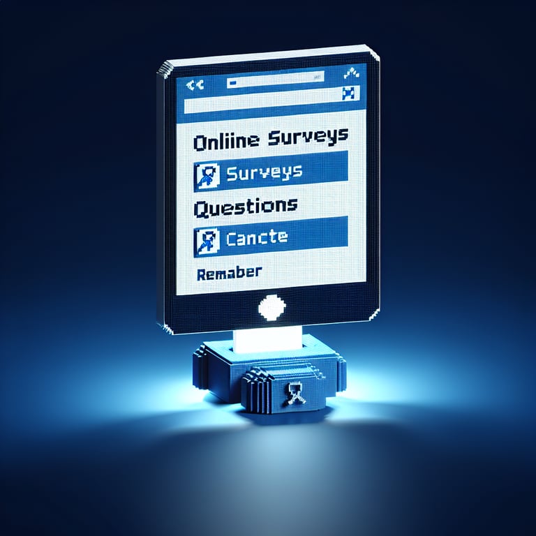 3D voxel art depicting online prostate cancer surveys on a dark blue background.