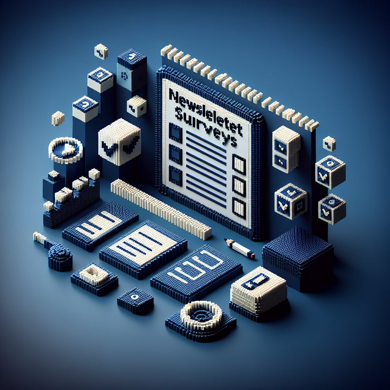 3D voxel art depicting the concept of online newsletter surveys on a dark blue background.