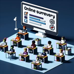 3D voxel art depicting online surveys, ideal for university student surveys, set against a dark blue background.