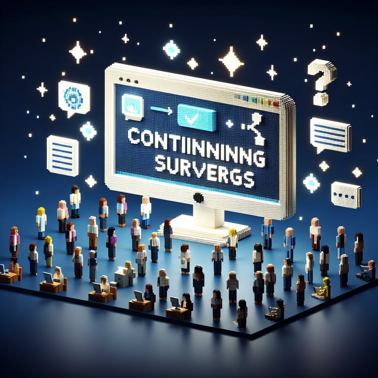 3D voxel art depicting online continuing education survey concept on a dark blue background.