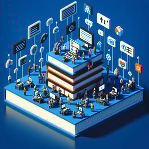 3D voxel art depicting employees engaging with online installation system survey on a dark blue background.