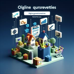 3D voxel art illustrating online home economics survey process on a dark blue background.