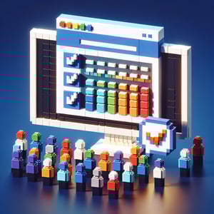 3D voxel art depicting the concept of online customer satisfaction surveys on a dark blue background.