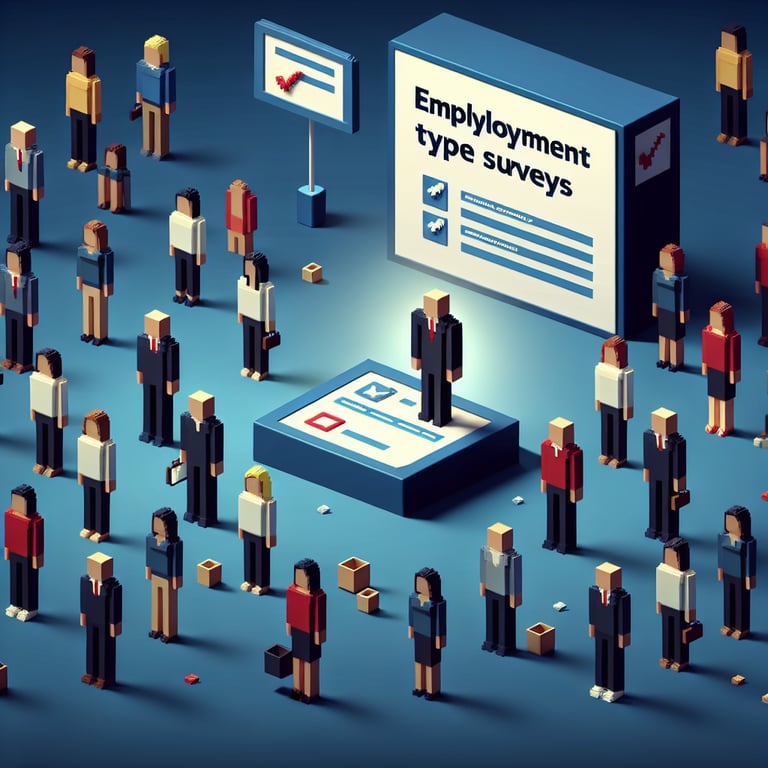 3D voxel art depicting online employment type survey questions on a dark blue background.