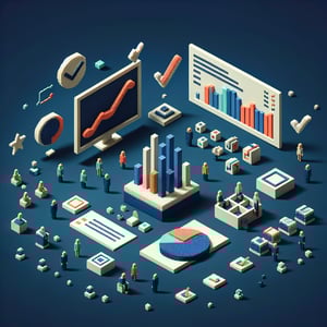 3D voxel art depicting online surveys on a dark blue background, symbolizing fun<wbr>ctionality survey questions.