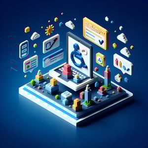 3D voxel art depicting online disability accessibility surveys on a dark blue background.