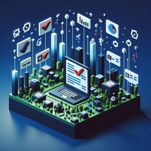 3D voxel art depicting the concept of online product surveys on a dark blue background.