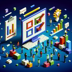 3D voxel art depicting the concept of online surveys and questions on a dark blue background.