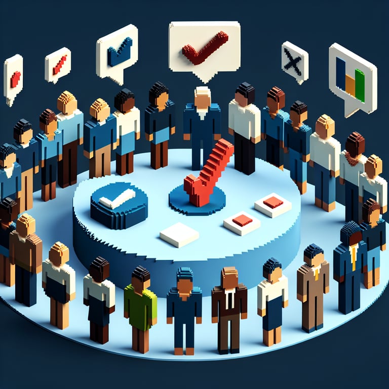 3D voxel art depicting online surveys on race and ethnicity questions against a dark blue background.