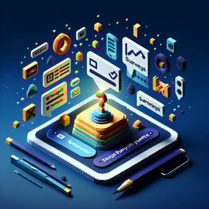 3D voxel art depicting online surveys and questions on a dark blue background, symbolizing design payments survey.