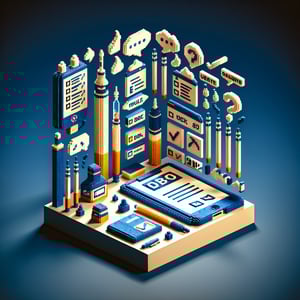 3D voxel art depicting an online survey concept, with a focus on e-cigarettes, set against a dark blue background.