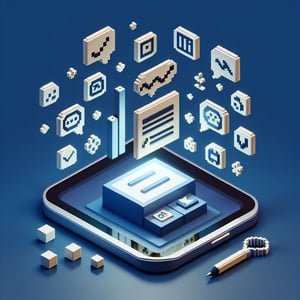 3D voxel art depicting online survey concept on a dark blue background for new software survey.