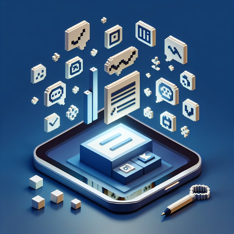 3D voxel art depicting online survey concept on a dark blue background for new software survey.