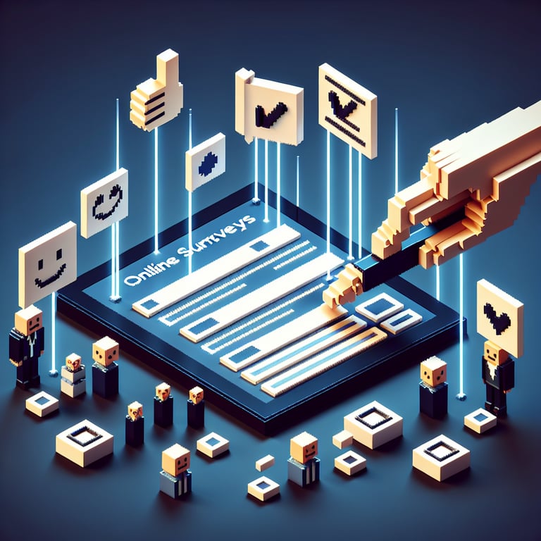 3D voxel art depicting online surveys, symbolizing agile customer satisfaction surveys on a dark blue background.