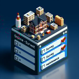 3D voxel art illustrating the concept of online building maintenance surveys on a dark blue background.