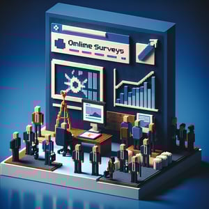 3D voxel art depicting an online survey concept, with a dark blue background.