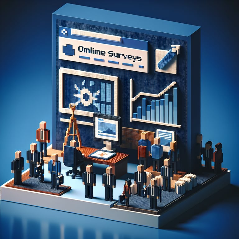 3D voxel art depicting an online survey concept, with a dark blue background.