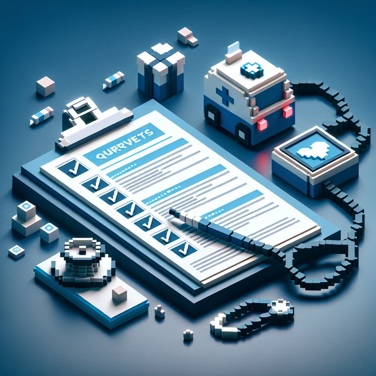 Artistic 3D voxel illustrating a medtech risk assessment questionnaire flow