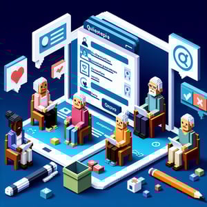 3D voxel art depicting online surveys, targeting senior activities, on a dark blue background.