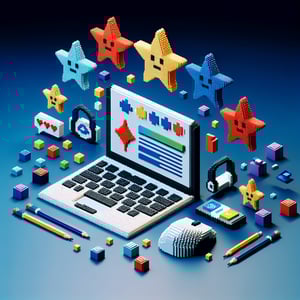 3D voxel art depicting star rating surveys on a dark blue background.