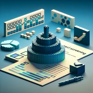 3D voxel art illustrating online colorectal screening surveys on a dark blue background.