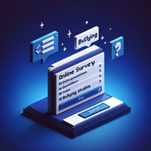 3D voxel art depicting online bullying surveys, with a dark blue background.