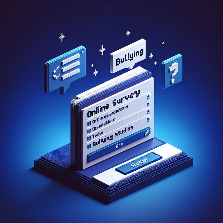 Artistic 3D voxel illustration of interactive questionnaire blocks highlighting safe voices in a bullying feedback survey.