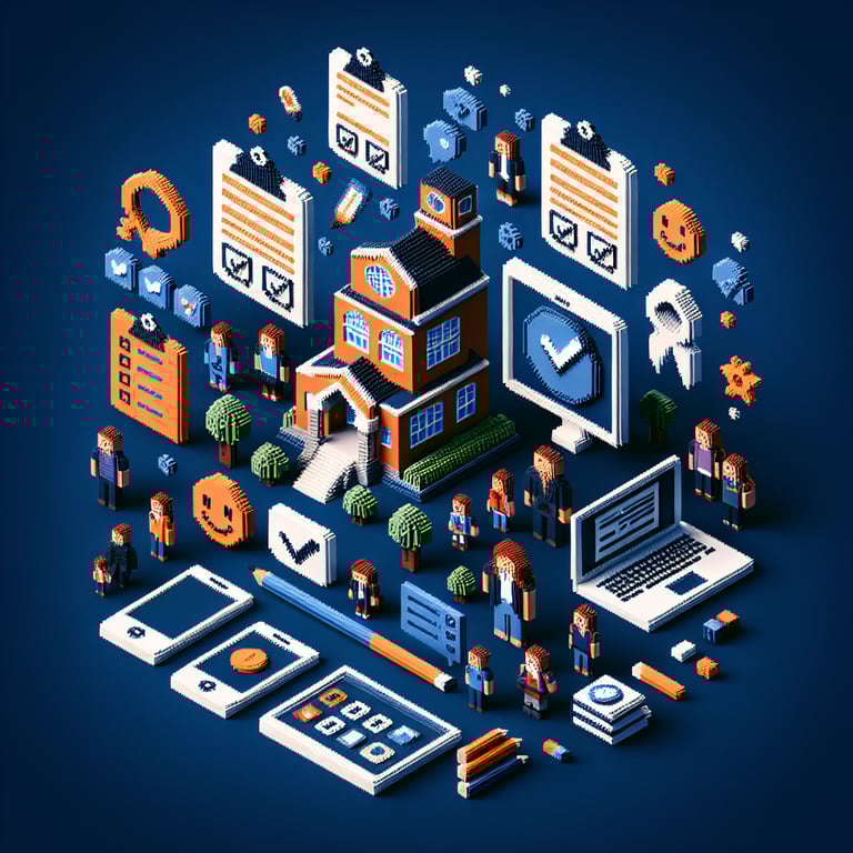 3D voxel art depicting online school parent satisfaction survey process on a dark blue background.