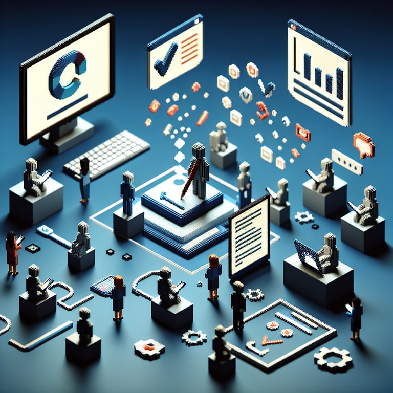 3D voxel art depicting the concept of online service surveys on a dark blue background.