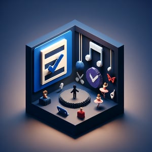 3D voxel art depicting online performing arts survey concept on a dark blue background.