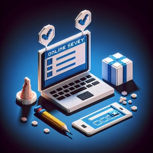 3D voxel art depicting an online survey concept, focused on condom usage, set against a dark blue background.