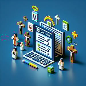 3D voxel art depicting online surveys on dark blue background, representing catholic confirmation readiness.