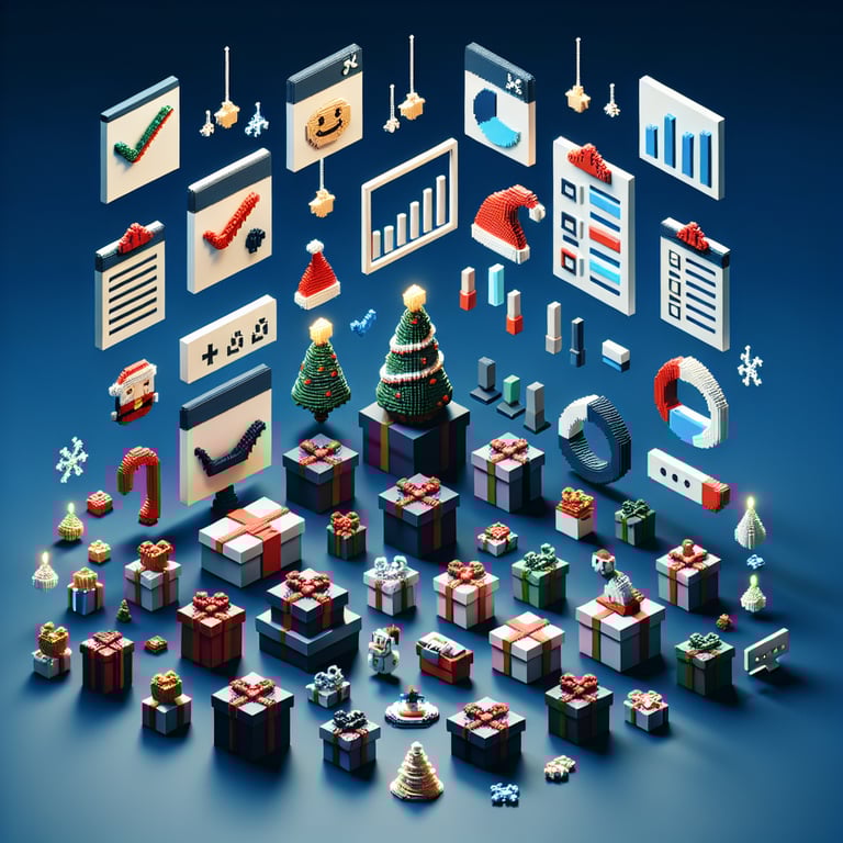 3D voxel art depicting online Christmas surveys against a dark blue background.