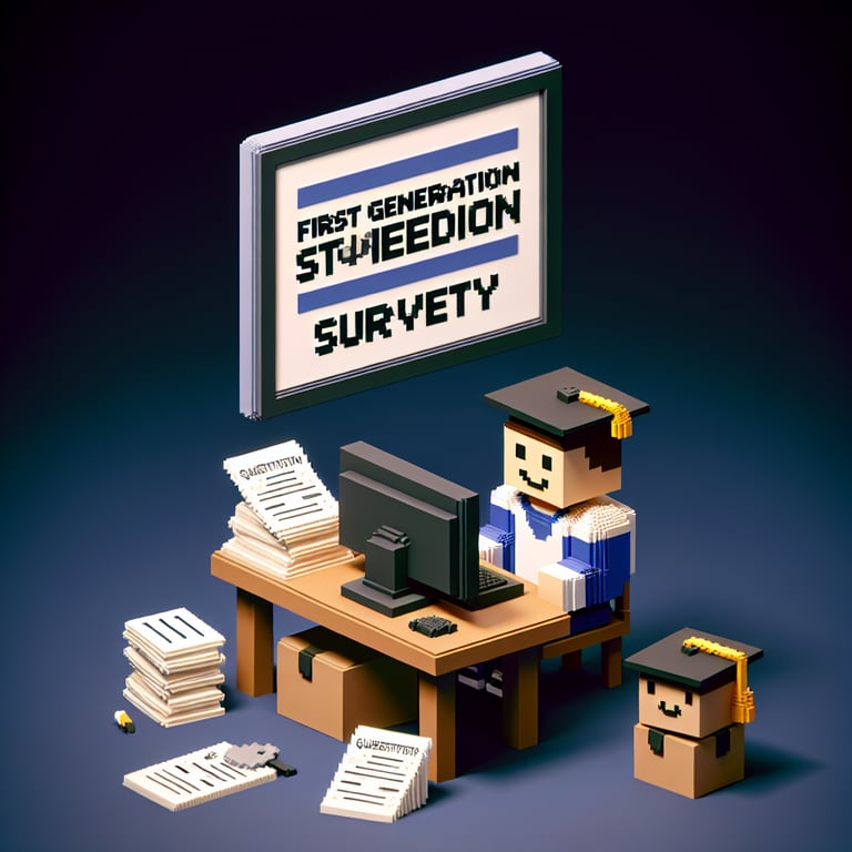 3D voxel art depicting online surveys focused on first-generation college students.